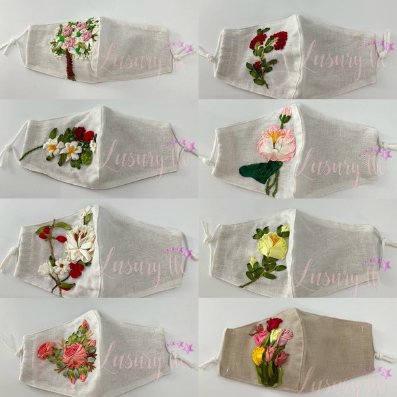 Yellow Peony Embroidery Silk Mask, Wedding Gift, Washable Reusable 3 Layers - Picture 8 of 8